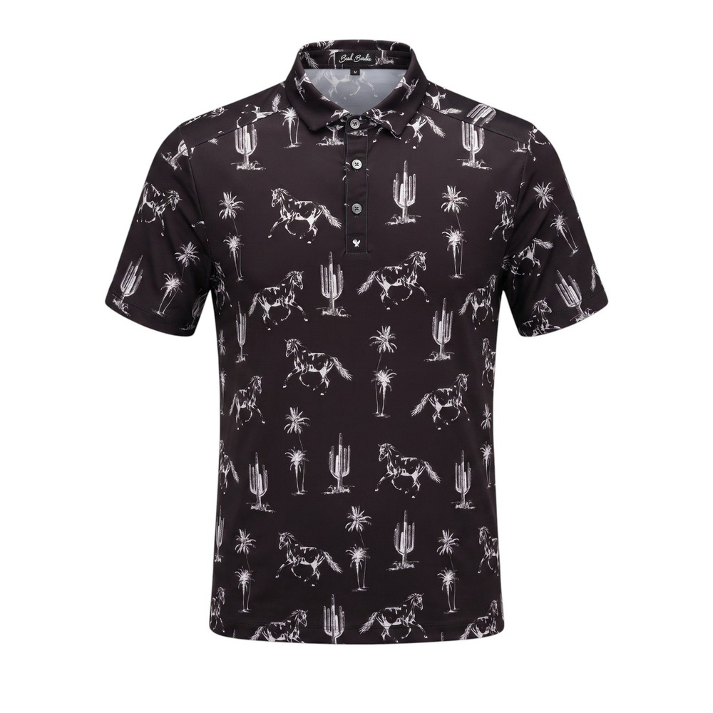Bad Birdie Golf Polo Men Medium Black Ranch Horses Print Short Sleeve Stretch